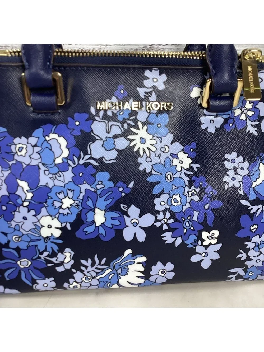 Michael Kors Kellen Blue hand bag Satchel with Floral Design Crossbody Purse guc